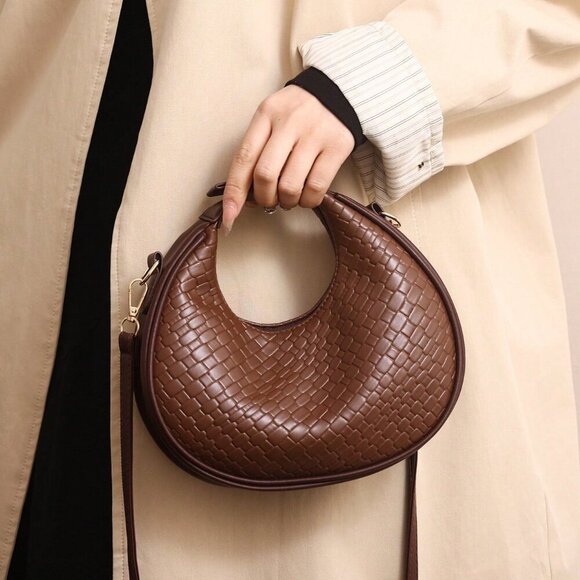 Coffee Brown Vintage Women's Zipper Closure Faux Leather Woven Bag - Picture 1 of 7